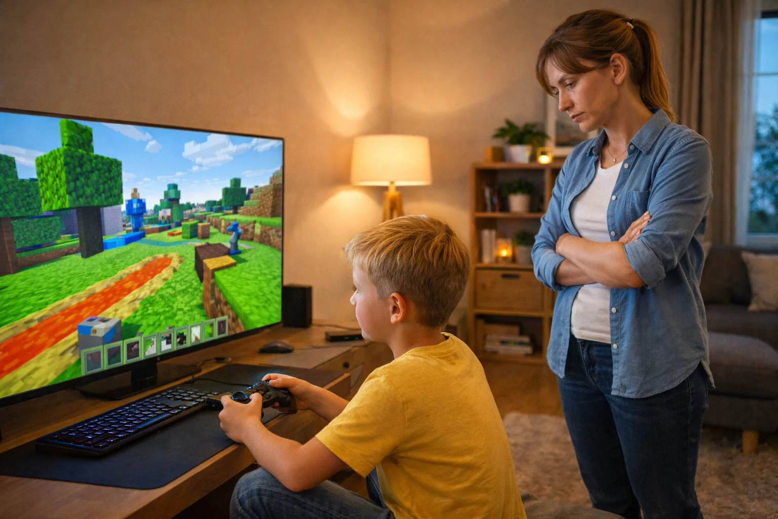 Rodzic patrzący na grające dziecko z mieszanką troski i ciekawości