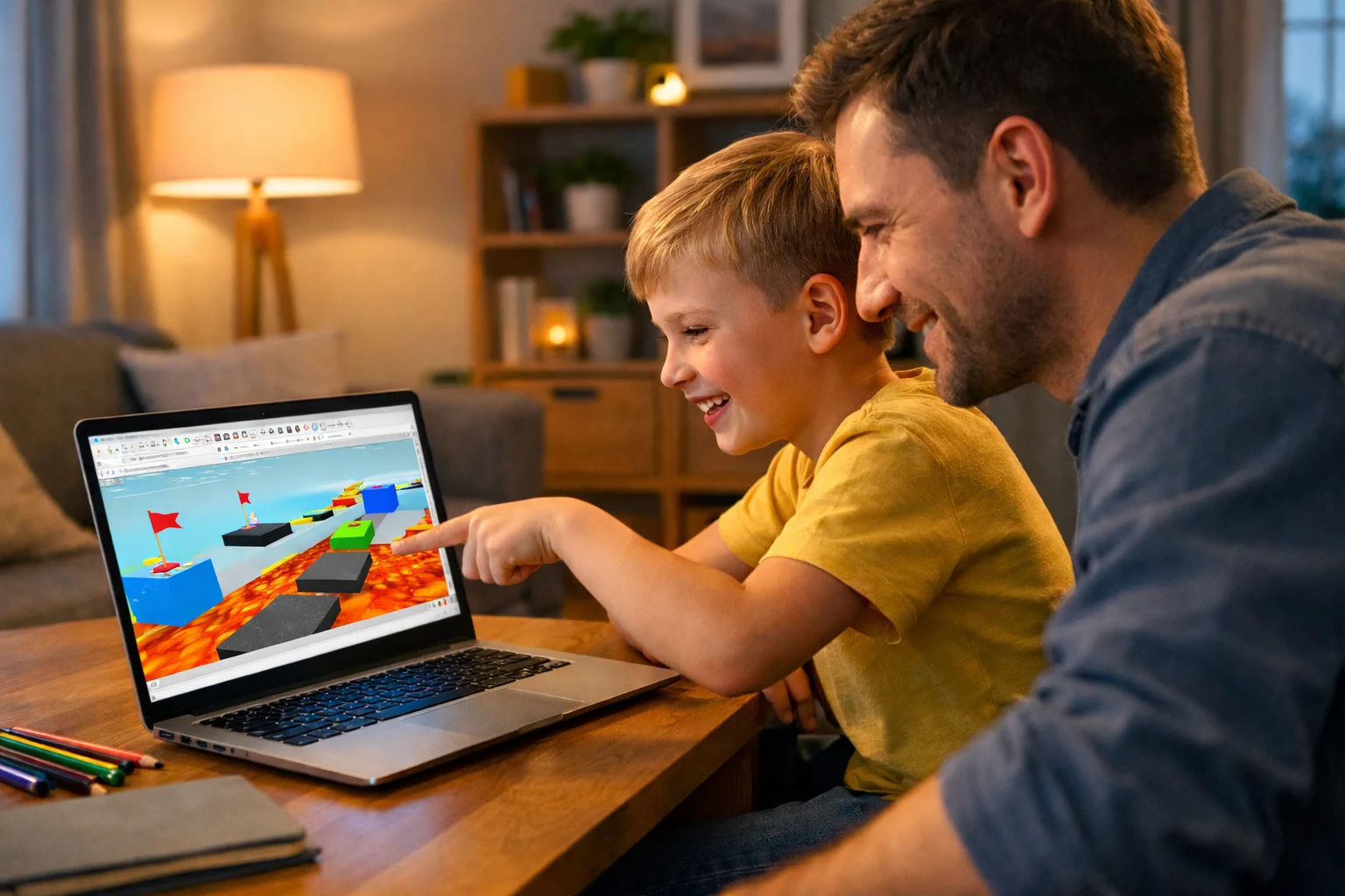 Dziecko pokazuje swoją grę na laptopie rodzicowi w salonie