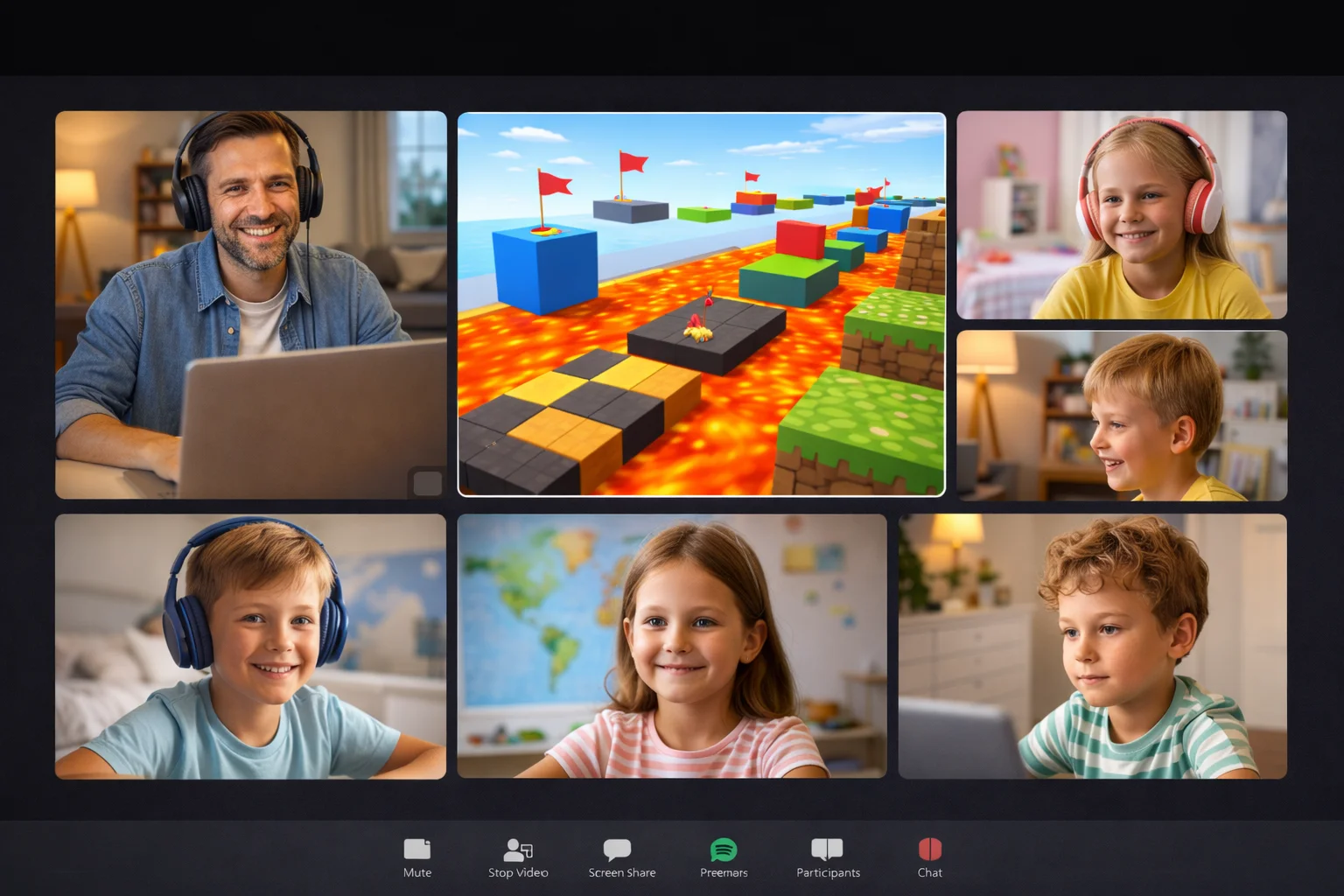 Zrzut ekranu z małej grupy na Zoomie – dzieci i instruktor